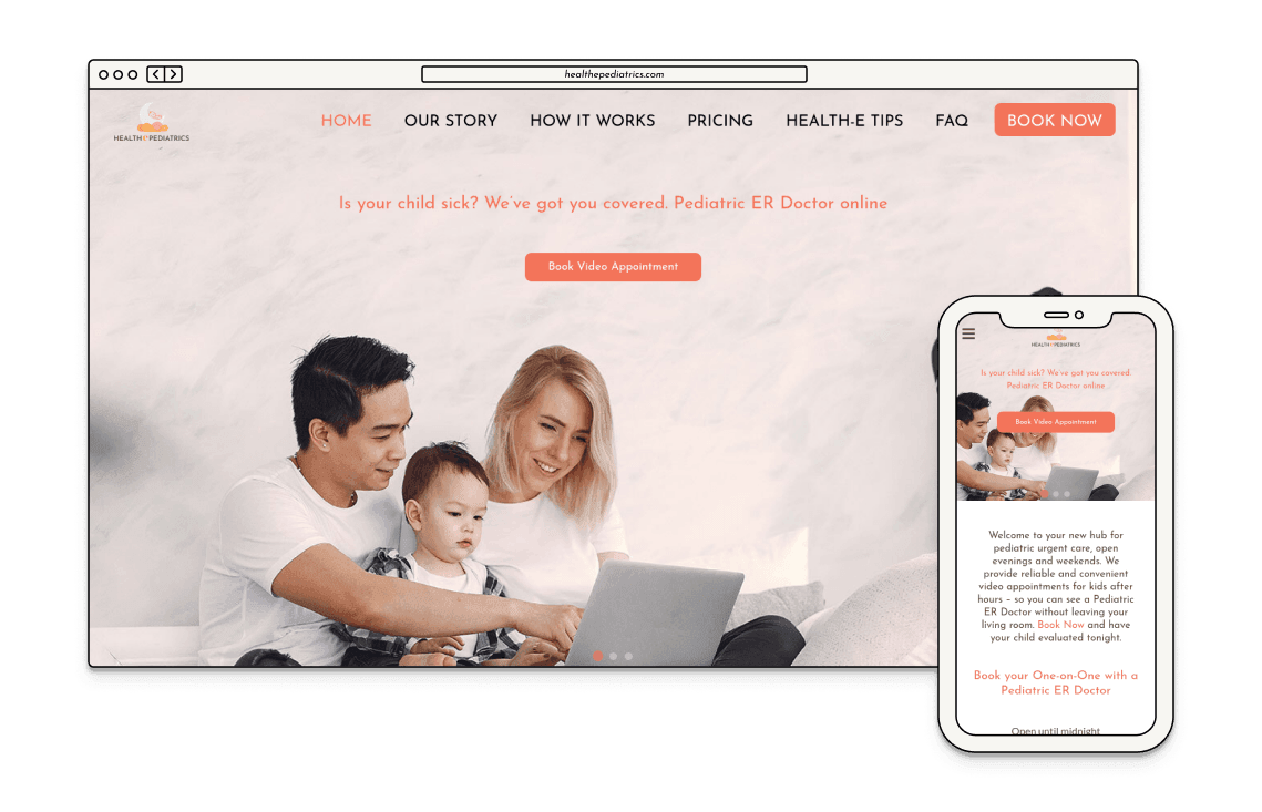 Healthe Pediatrics website being displayed on desktop and mobile devices.