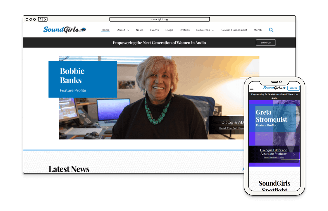 Image showing SoundGirls Website being displayed on desktop and mobile devices.